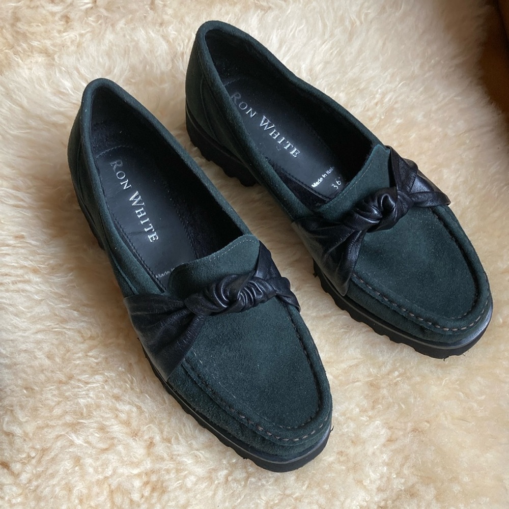 Ron White Rita Knot Loafer. Size 36 1/2, dark teal with black bow.Made in Italy.